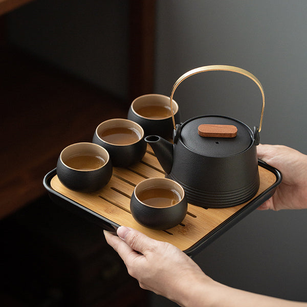 Black Pottery Handle Pot Tea Set