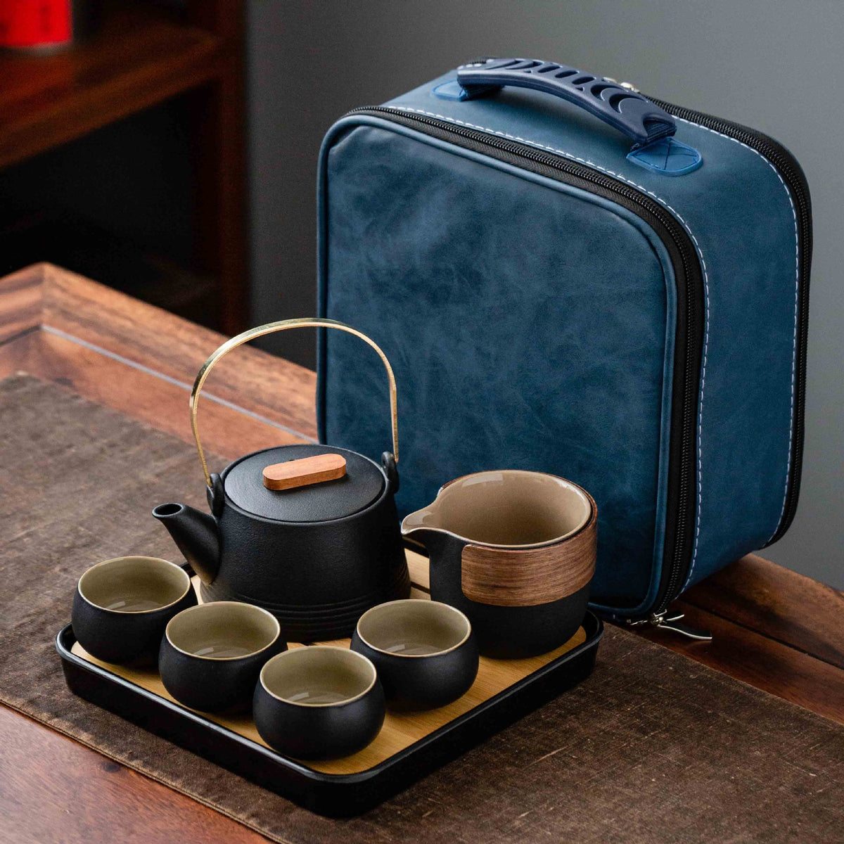 Black Pottery Handle Pot Tea Set